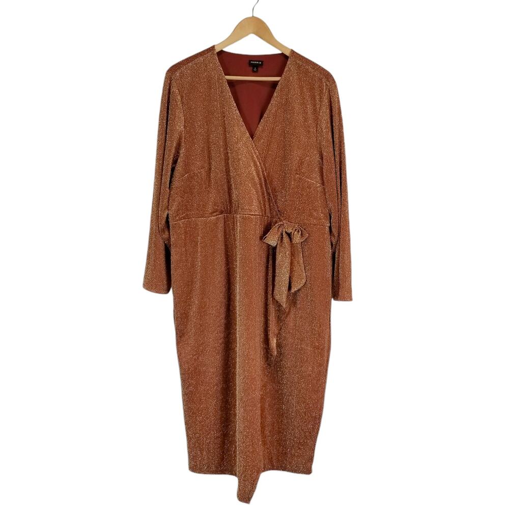 Torrid Women's Midi Glitter Knit Surplice Slit Tie Dress Gold Size 3X - Picture 2 of 10